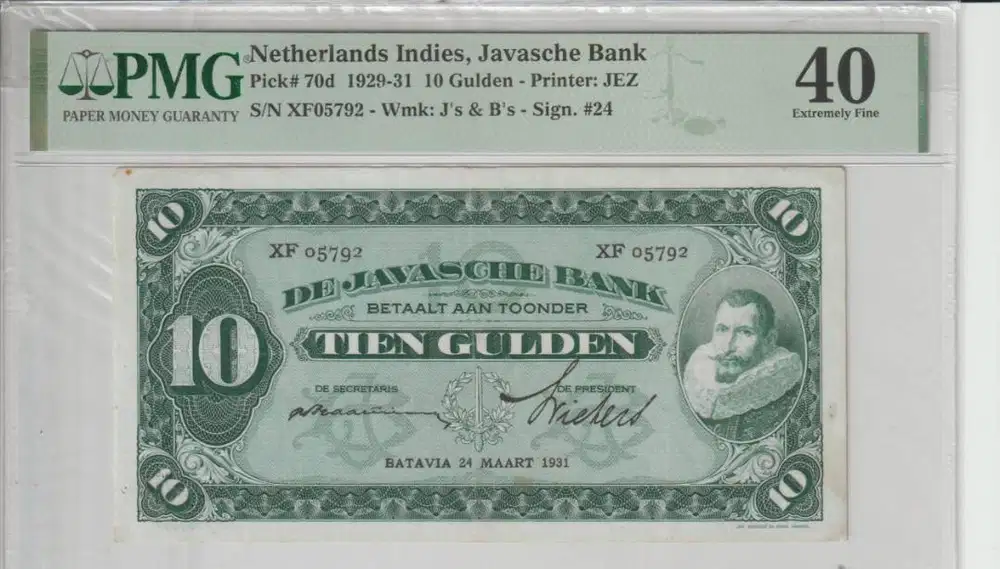 Uang Kuno Indonesia - 10 Gulden seri JP Coen 1929 PMG 40