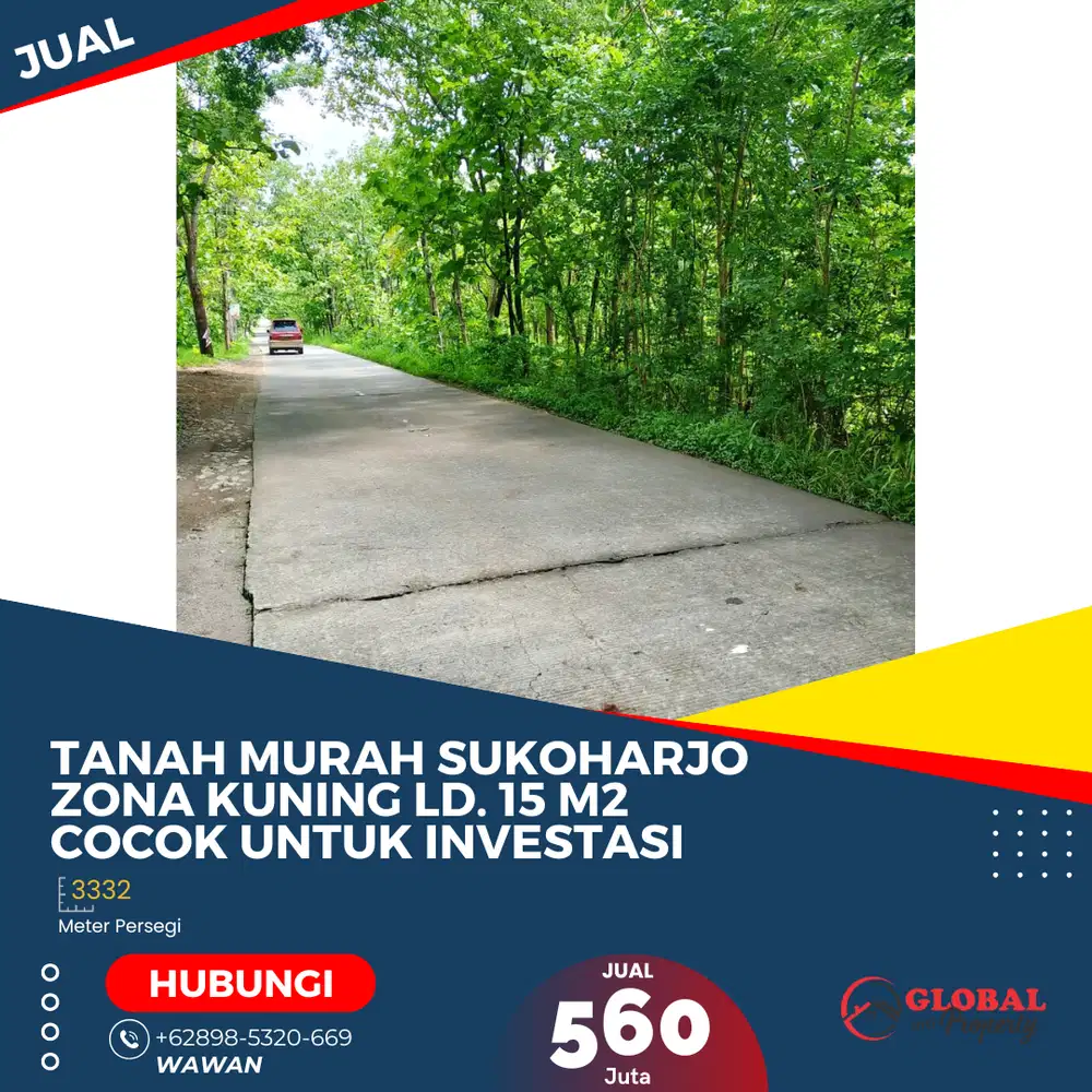 Turun Harga! Tanah Murah Sukoharjo Lebar Depan 15 m2