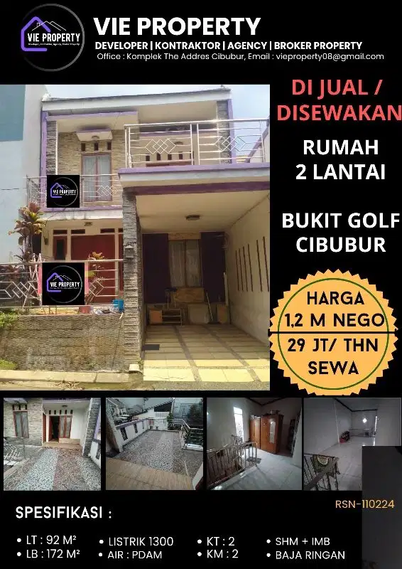 DISEWAKAN MURAH, BANTING HARGA. RUMAH 2 lantai di Bukit Golf Cibubur