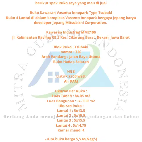 Di jual Ruko 4 Lantai di dalam komplek Vasanta Innopark bergaya Jepang