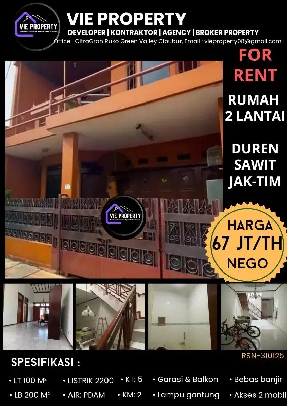 DISEWAKAN RUMAH 2 LANTAI SIAP HUNI DI PONDOK KELAPA DUREN SAWIT JAKTIM