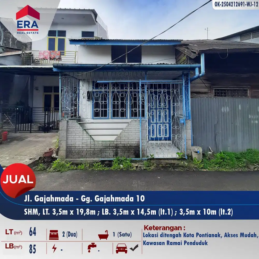 Dijual rumah 1.5 lt di Gajahmada - pusat kota Pontianak