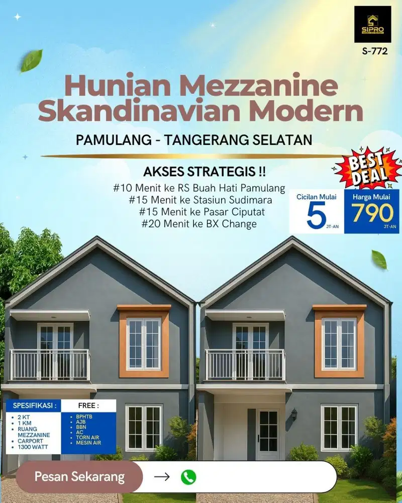 Rumah Mezanine semi 2 lantai dekat stasiun sudimara