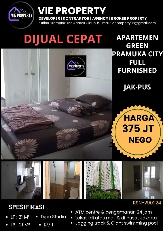 BANTING HARGA  Apartemen type Studio di Green Pramuka City Jakpus