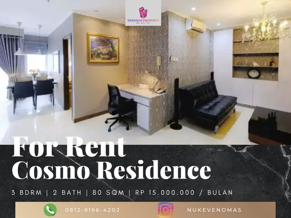 Disewakan Apartemen Cosmo Residence Middle Floor 2BR+1 Full Furnished