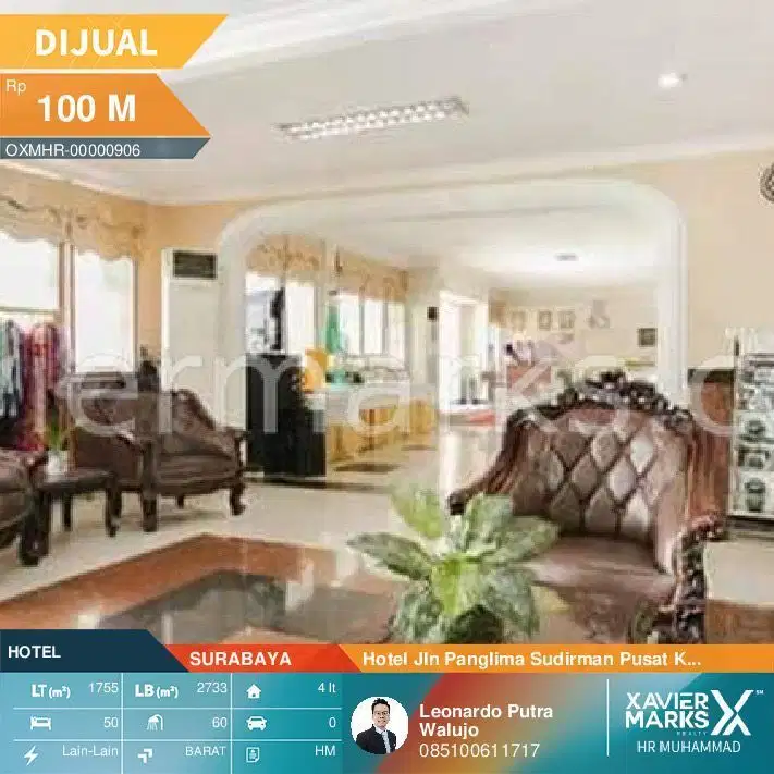 Hotel Pusat Kota Surabaya Jln Panglima Sudirman luas 1.755m2 56 Kamar