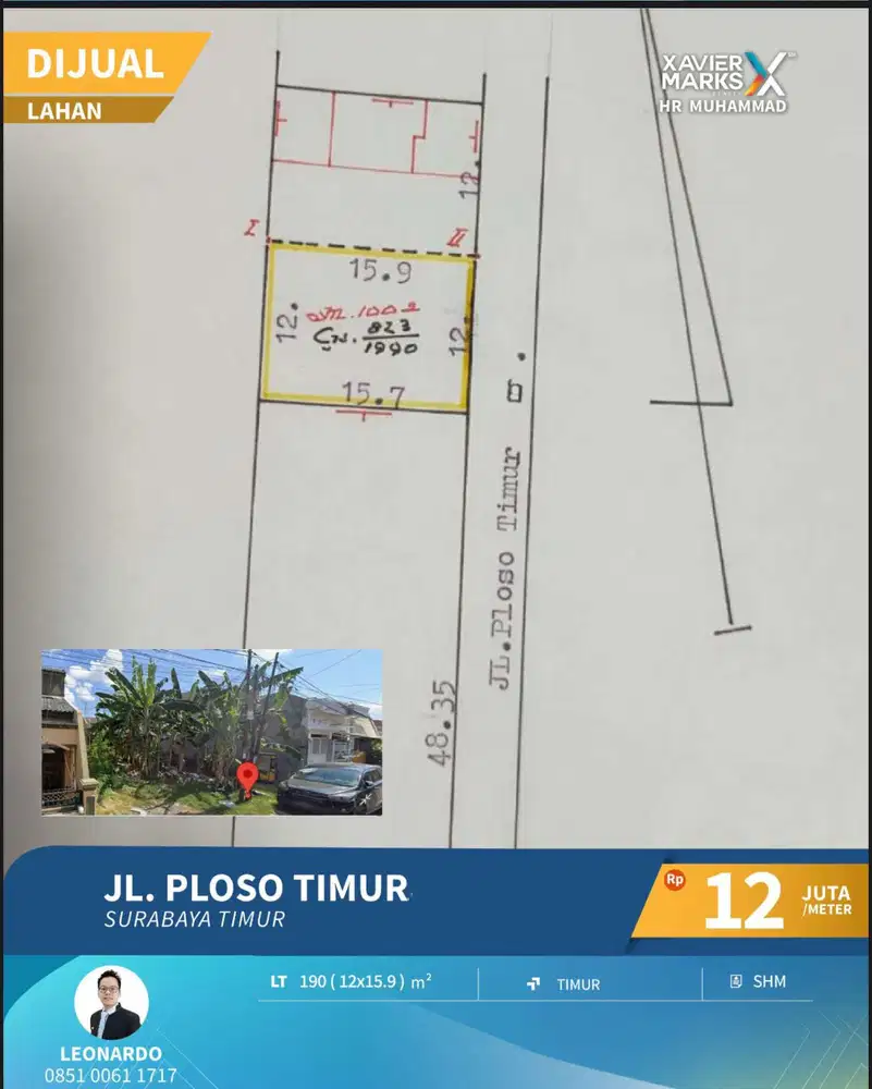 Tanah Kavling ploso timur luas190m2 dimensi 12x15 Hadap timur SHM
