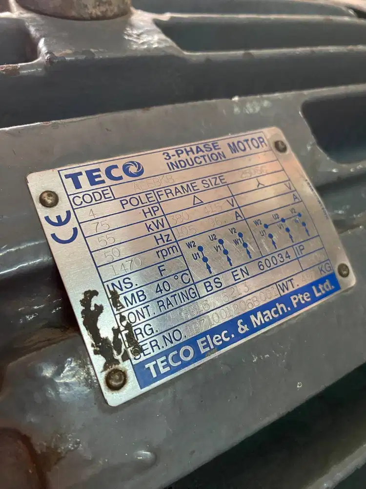 TECO 75hp 4pole dinamo elektro motor penggerak 55kw 3phase