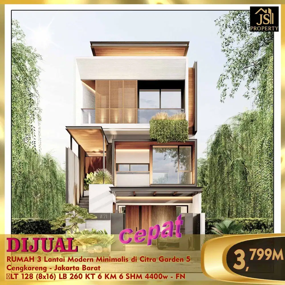 DIJUAL BARU RUMAH 3 Lantai Modern Minimalis di Citra Garden 5 Cengkareng - Jakarta Barat