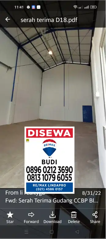 Disewakan Gudang central Cakung lebar 8 x 12