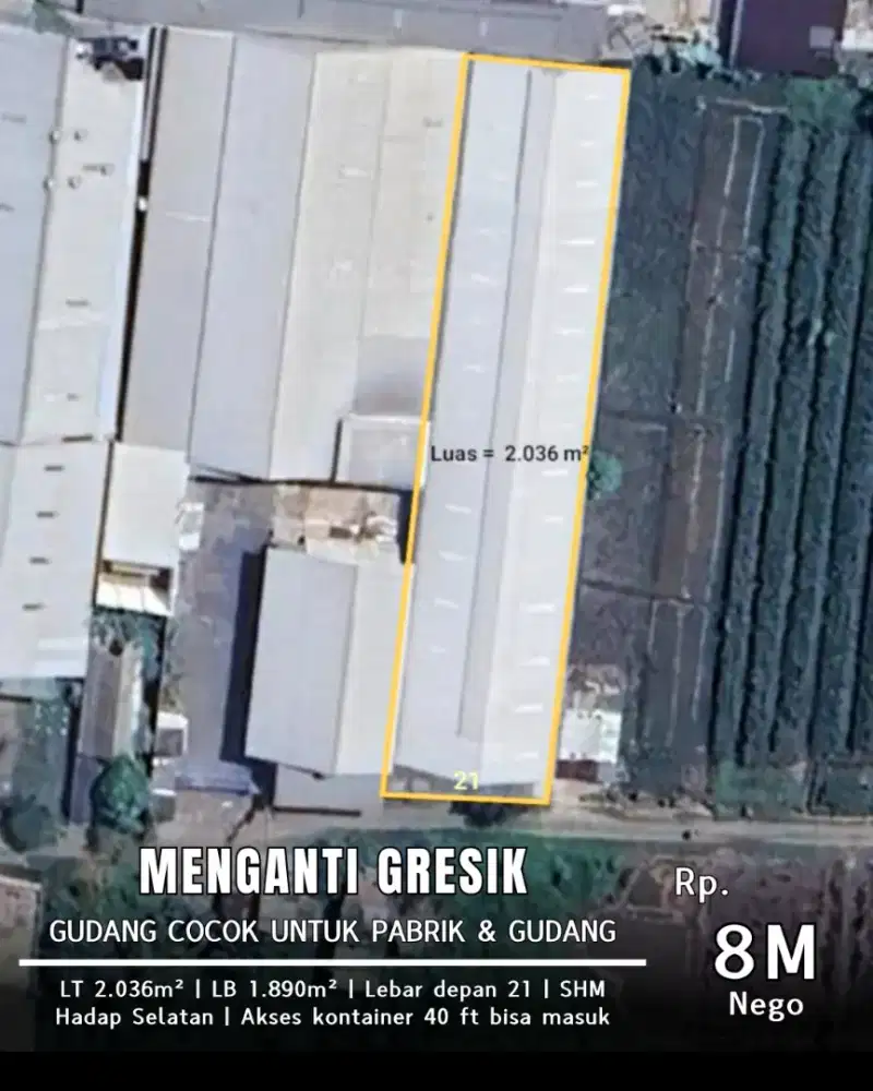 Dijual gudang siap pakai menganti gresik
