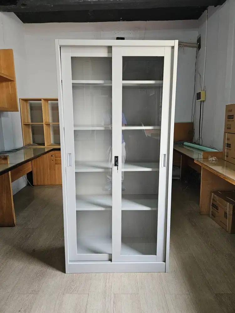 LEMARI CABINET PINTU KACA GESER / SLIDING FULL WHITE