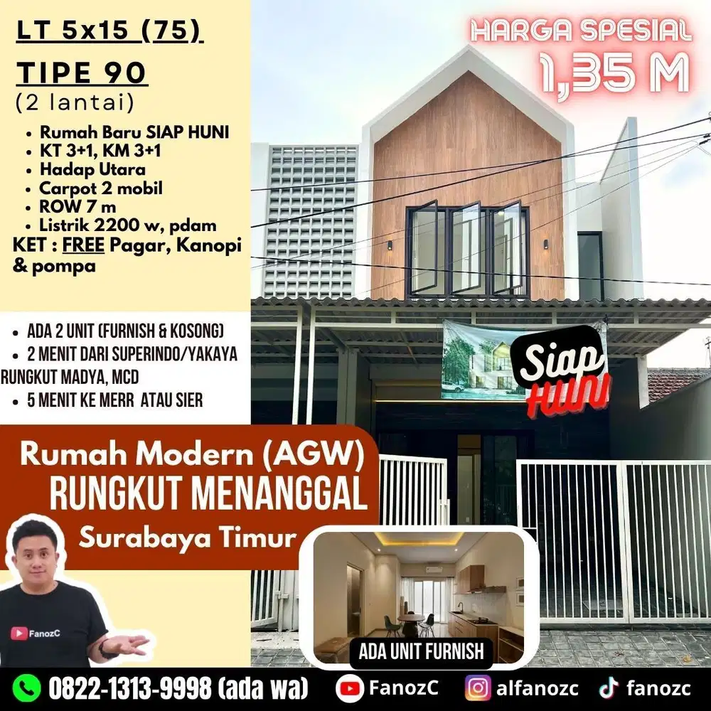rumah rungkut surabaya, rumah minimalis modern, rumah siap huni, rumah baru 2 lt