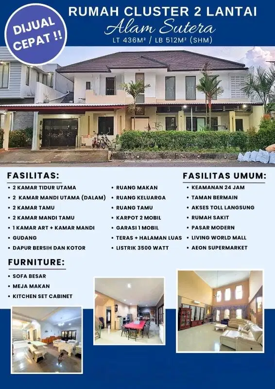 DIJUAL Rumah cluster 2 LT SHM Di alam sutera