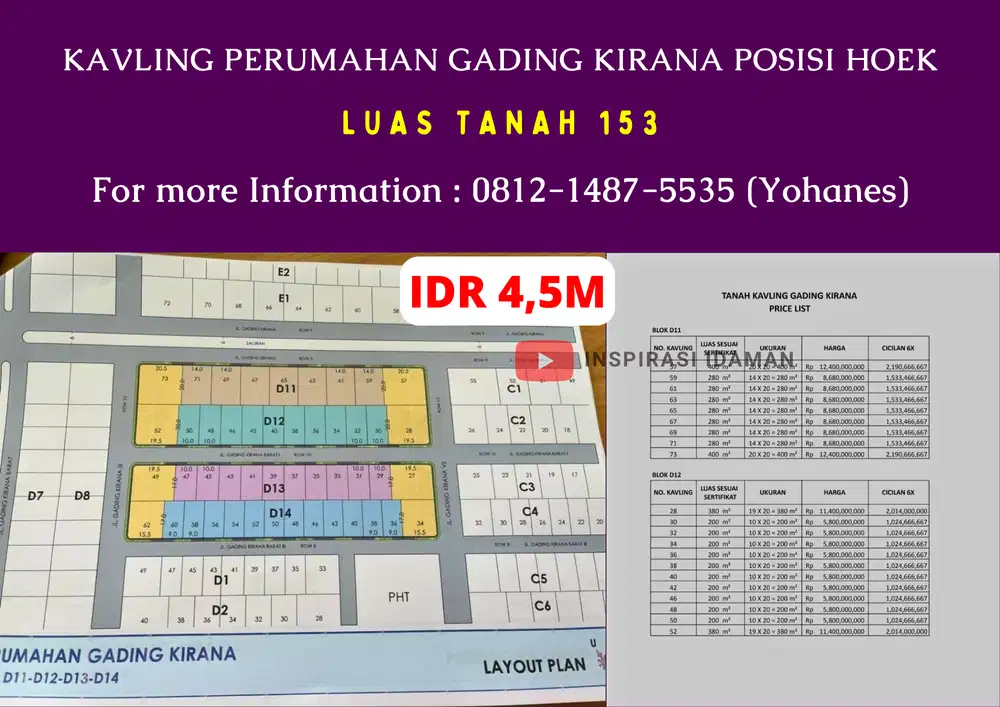 Kavling Perumahan Gading Kirana posisi Hoek