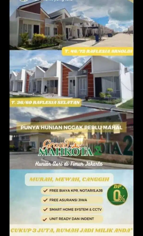 Dijual Rumah Baru Mahkota 2 di Bekasi Tanpa DP