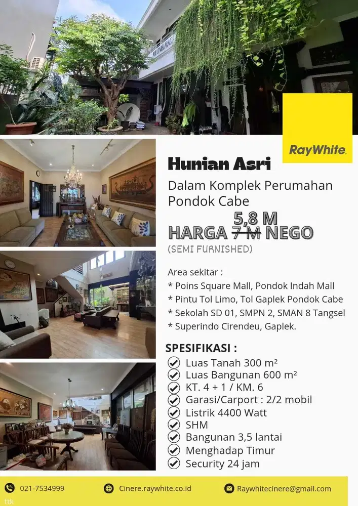 Jual Segera Rumah Pondok Cabe dalam Kompleks Perumahan Semi Furnished