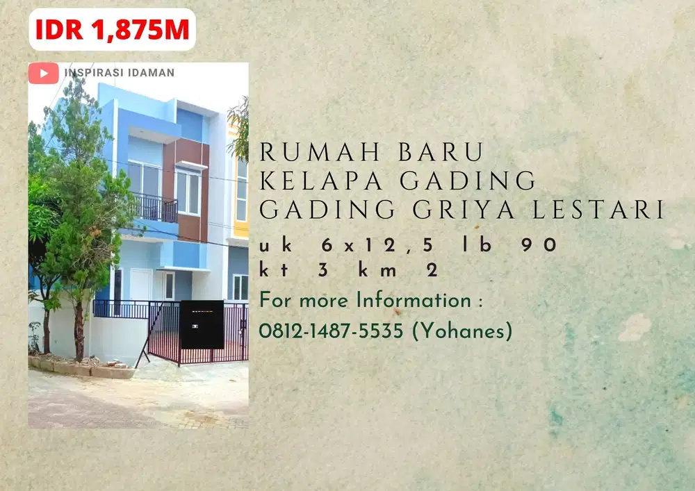 Rumah Baru Depan Taman di Gading Griya Lestari