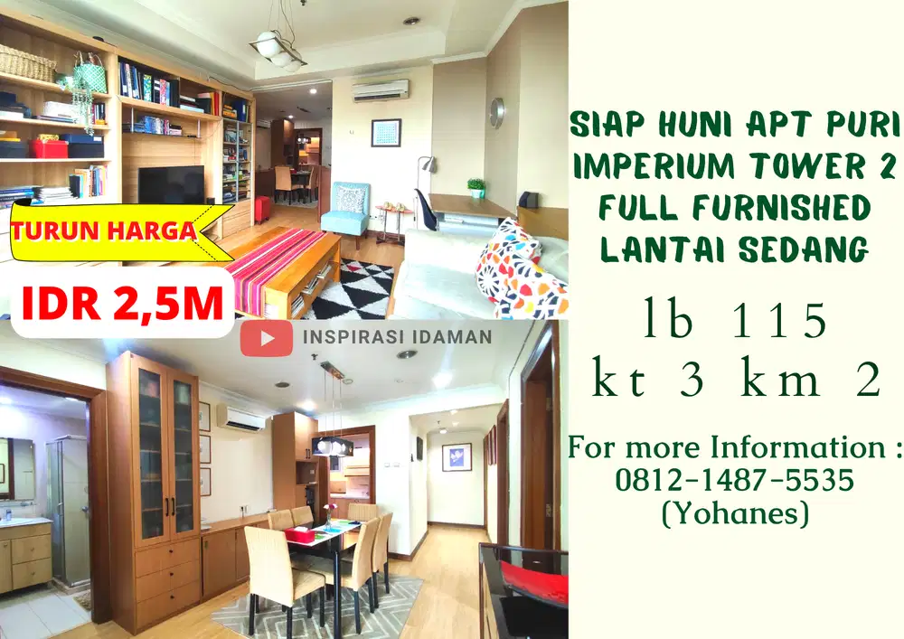 Apt Puri Imperium 3BR Tower 2 full furnished siap huni lantai sedang