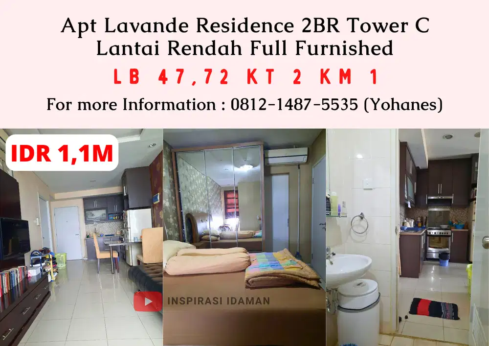 Apt Lavande Residence 2BR tower C lantai rendah Full furnished