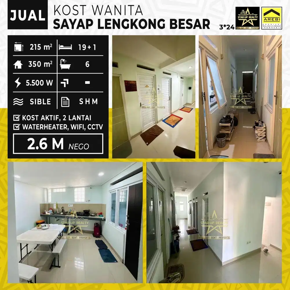 2,6 M nego Dijual Kost wanita 2 lantai 20 kamar SHM air sible wifi cct