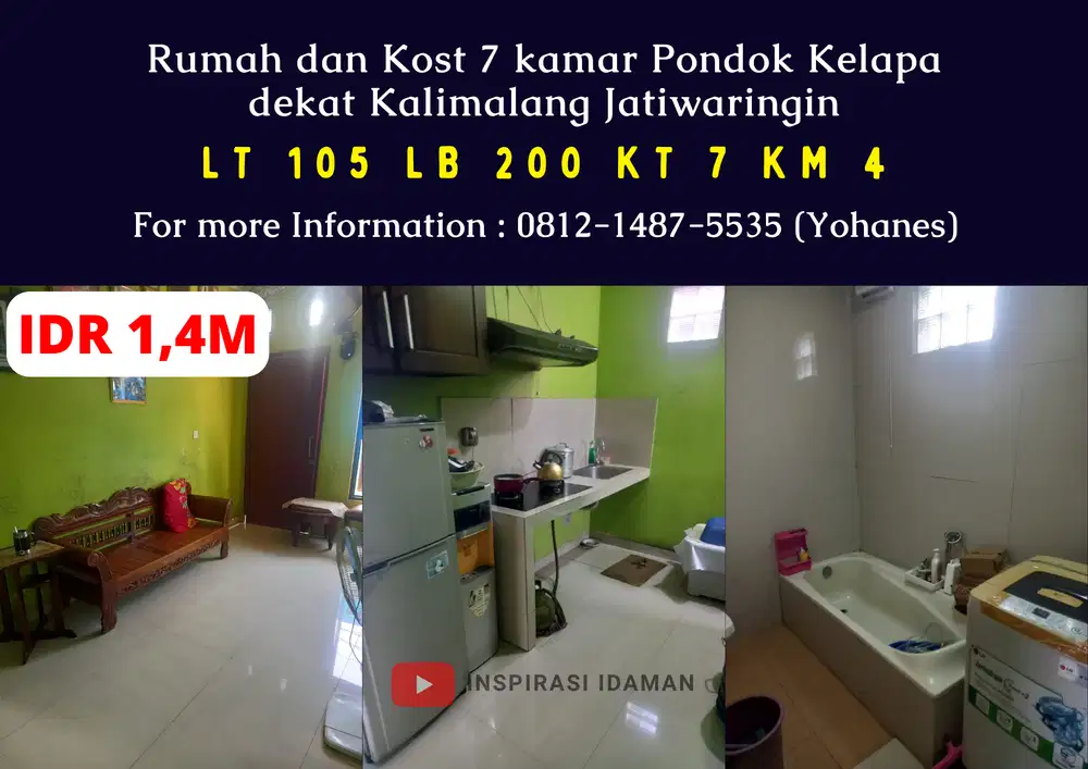 Rumah dan Kost 7 kamar Pondok Kelapa dekat Kalimalang Jatiwaringin