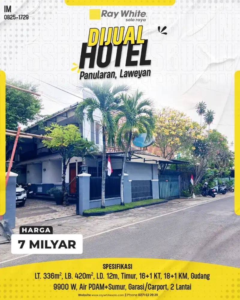 Jual Bangunan Hotel Siap Huni di Pusat Kota Solo, Laweyan