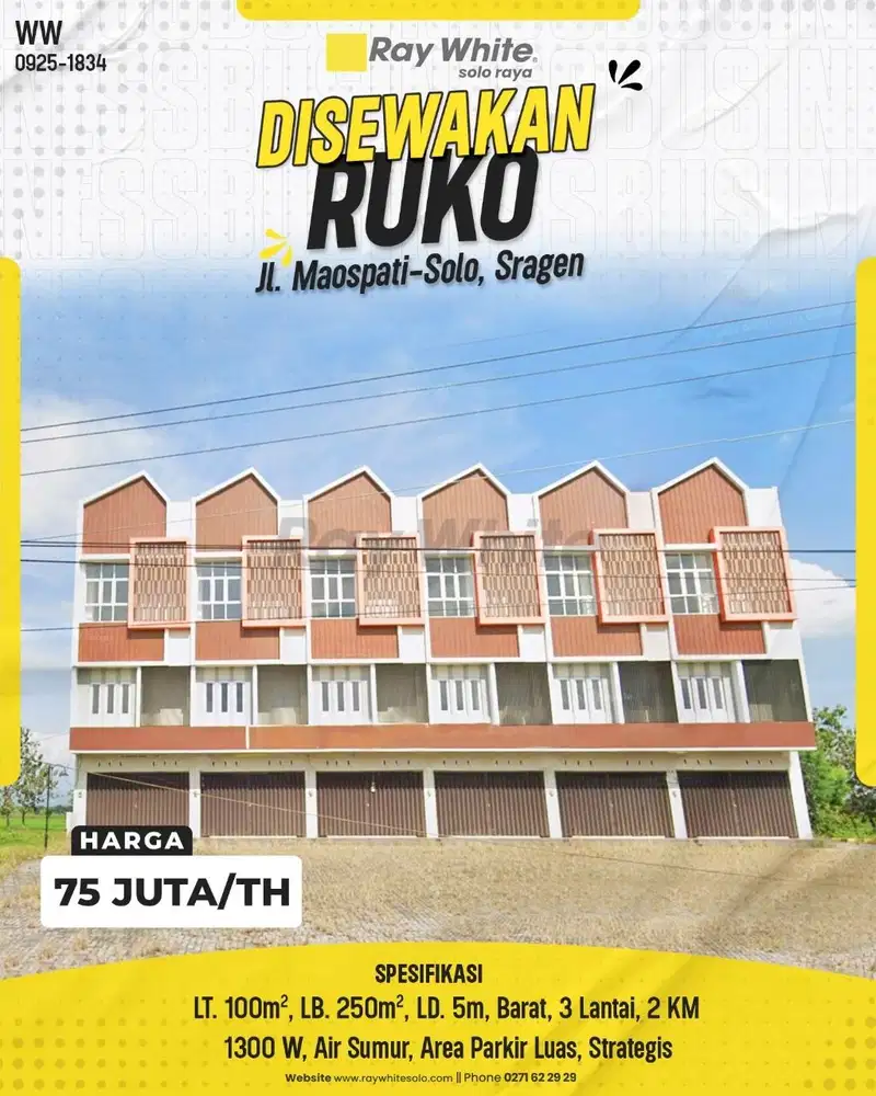 Disewakan Ruko Baru 3 Lantai di Raya Solo-Sragen, Parkir Luas