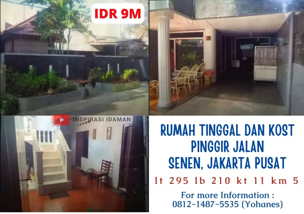 Rumah tinggal dan Kost pinggir jalan di Senen Jakarta Pusat