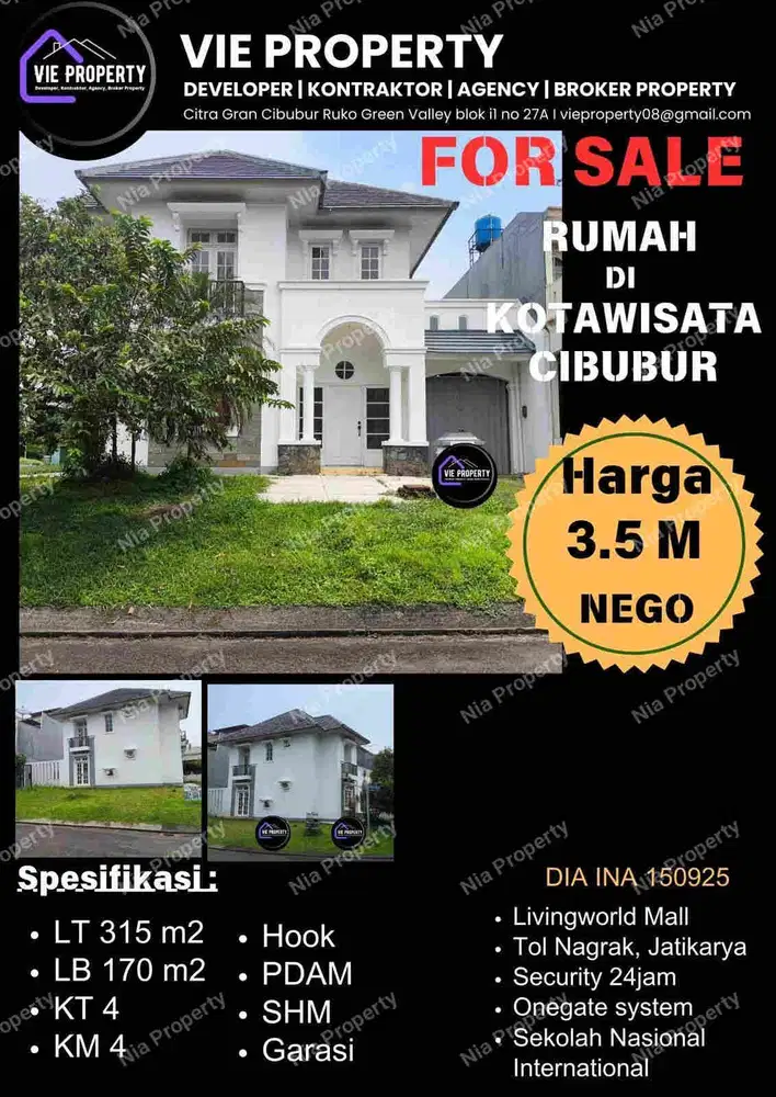 Jual Rumah Cantik Hoek Siap Huni 3,5 M Nego. Kota Wisata Cibubur.
