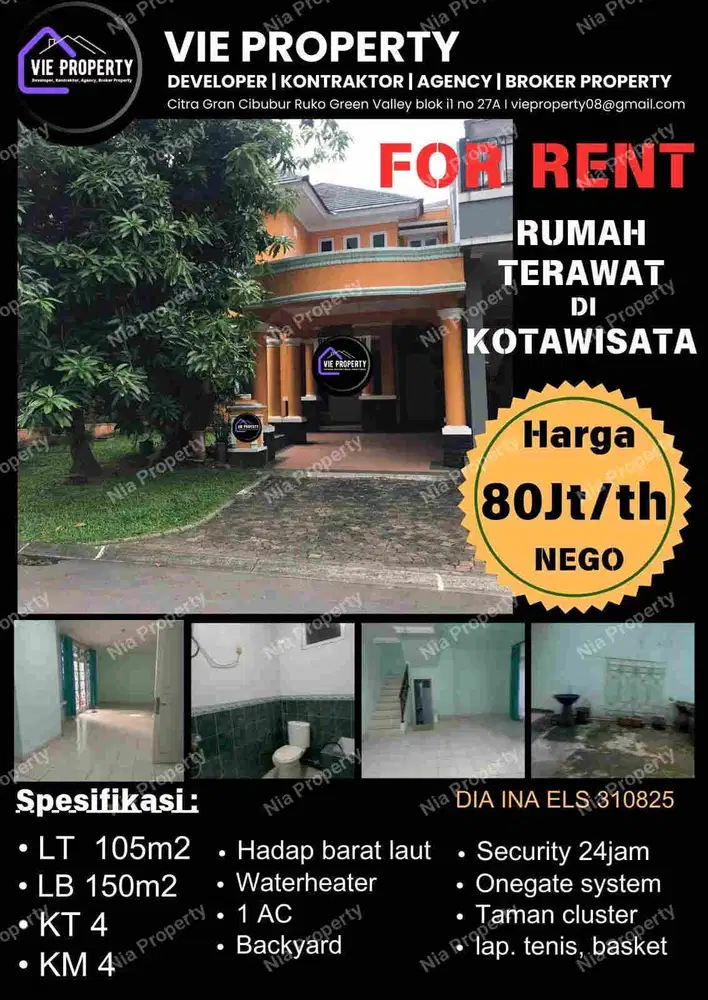 Di Sewakan Rumah Semi Furnish 80jt/Thn Nego. Kota Wisata Cibubur.
