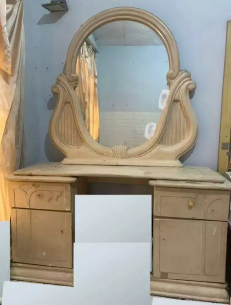 MEJA RIAS BESAR 140cm KACA CERMIN LEMARI KAYU MIRROR ANTIK MEWAH LACI