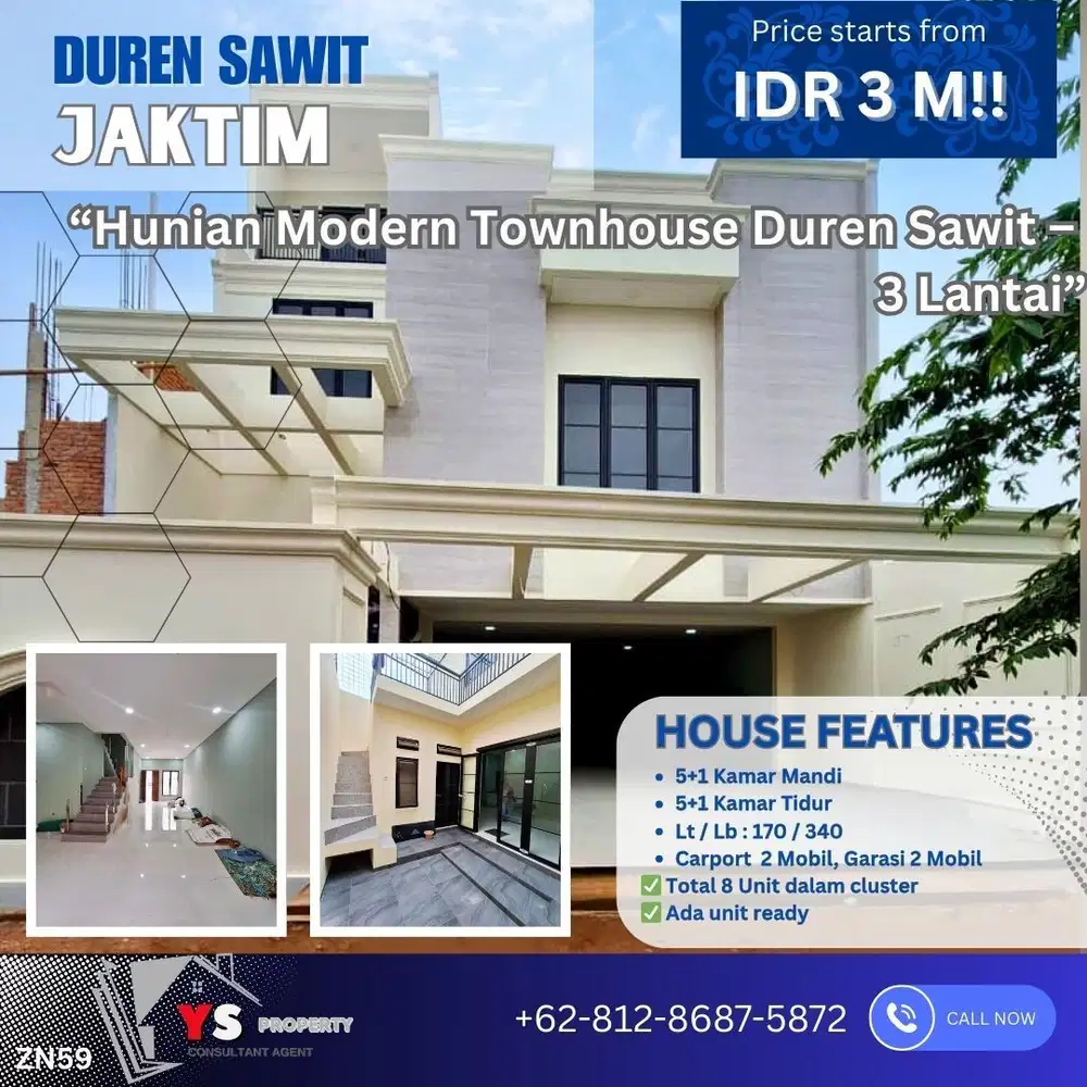 Rumah Baru 3 Lantai Townhouse Duren Sawit – Harga 3 M Nego ZN59
