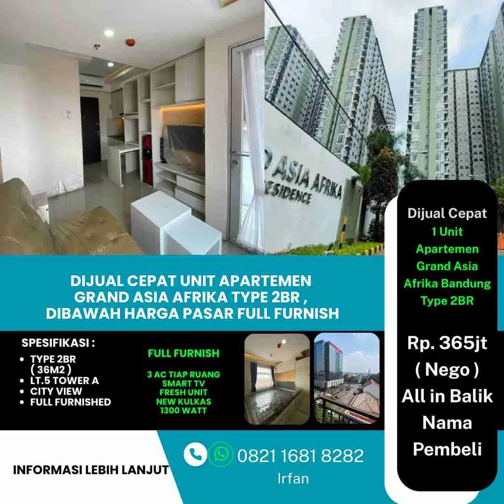 Dijual Cepat Unit Apartemen 
Grand Asia Afrika Type 2BR Siap Huni Full Furnished