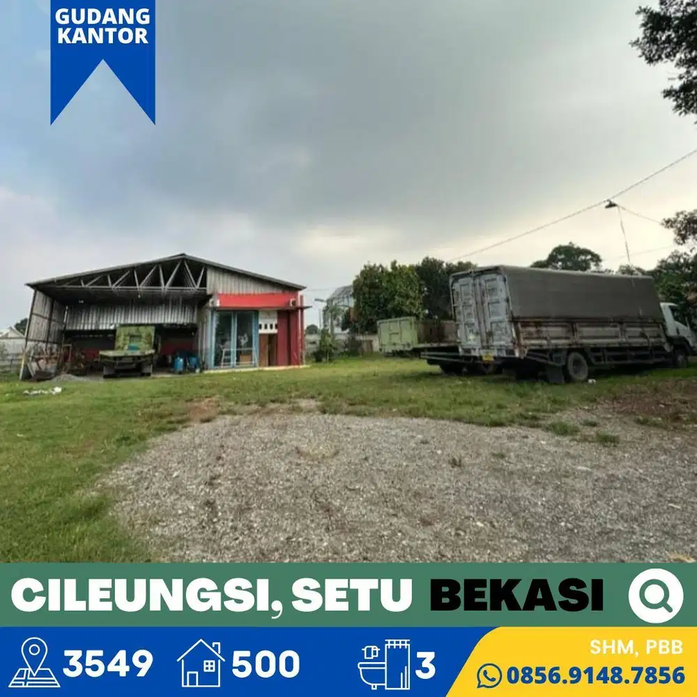 Dijual Tanah Bonus Gudang dan Kantor Luas, Asri, Setu, Bekasi dekat Harvest City, 15 menit Tol Burangkeng