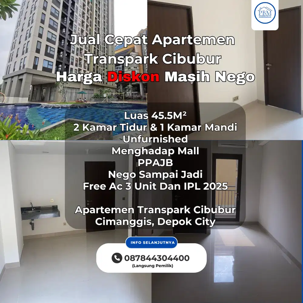Jual Apartemen Transpark Cibubur | Apartment Transpark Murah Nego Trans studio Mall | 2 Kamar Tidur Langsung pemilik