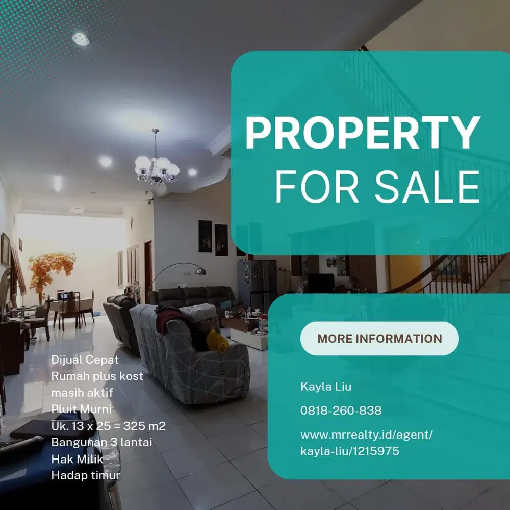 Rumah+Kost Hadap Timur masih aktif di Pluit Murni dekat Mall Pluit Village