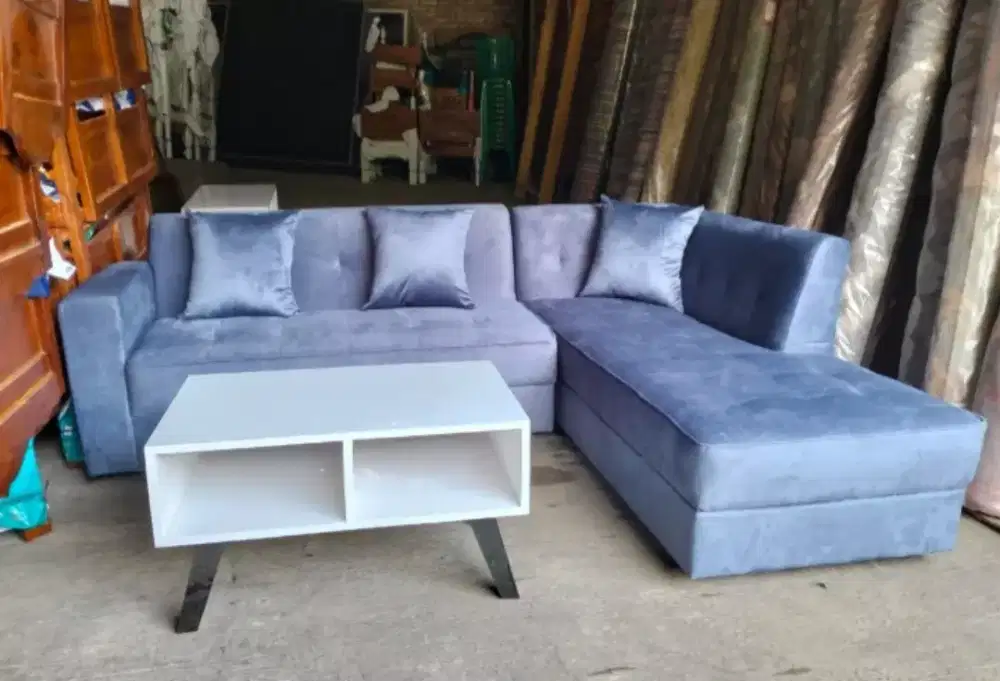 Sofa L premium abu + meja hpl