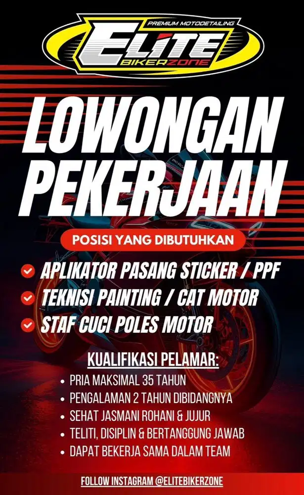 LOWONGAN TEKNISI PEMASANGAN STIKER, TEKNISI CAT MOTOR, STAF CUCI POLES