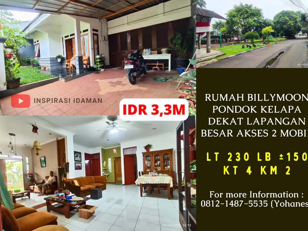 Rumah Billymoon 230mtr pondok kelapa dekat Lapangan Besar