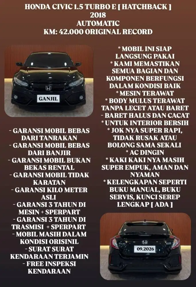[ KM 40.000 ORIGINAL ] HONDA CIVIC E HATCHBACK 1.5 TURBO AT 2018