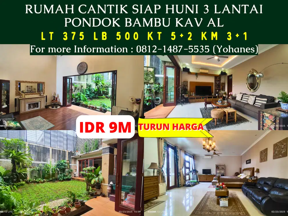Jual Cepat Rumah Cantik siap huni 375mtr 3 lantai Pondok Bambu Kav AL