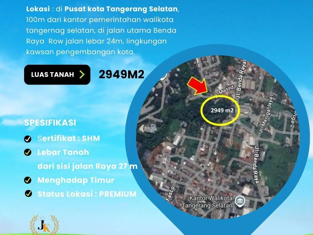 TANAH 2949m2, DI JALAN BENDA RAYA, TANGERANG SELATAN