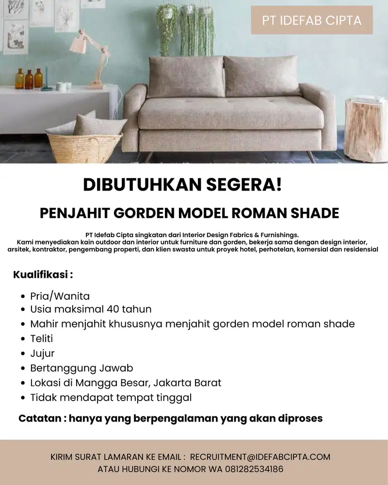 DIBUTUHKAN SEGERA PENJAHIT GORDEN