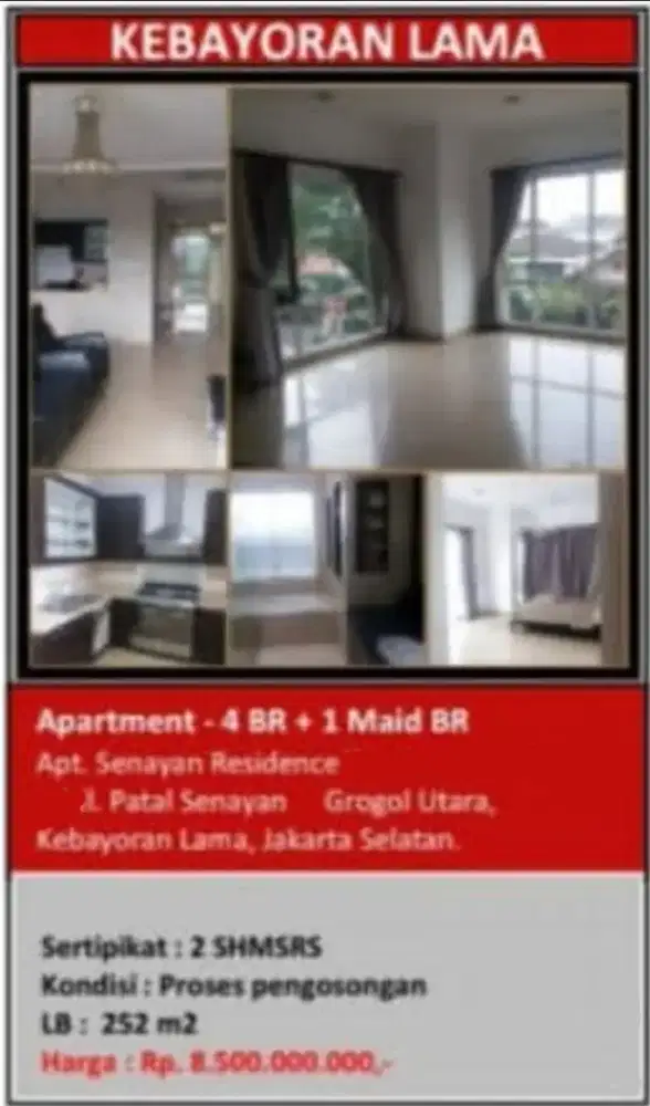 Dijual Apartemen Senayan Residence 4 BR + 1 Maid BR