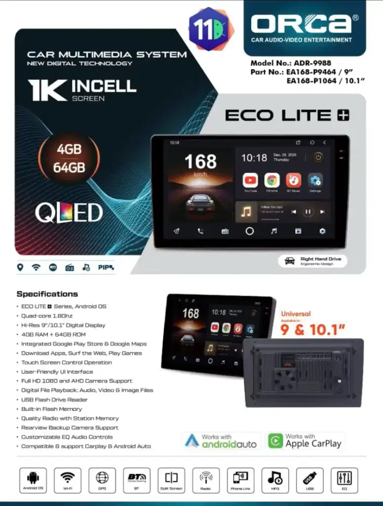 Android New ORCA LITE+ 9inch Ram 4/64GB Carplay