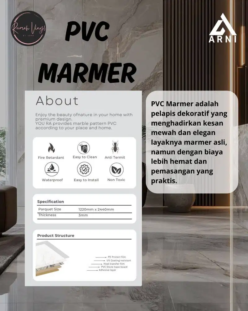 PVC MARMER | UV Panel 3mm Motif Marmer Glossy | Panel Flat PVC Untuk D