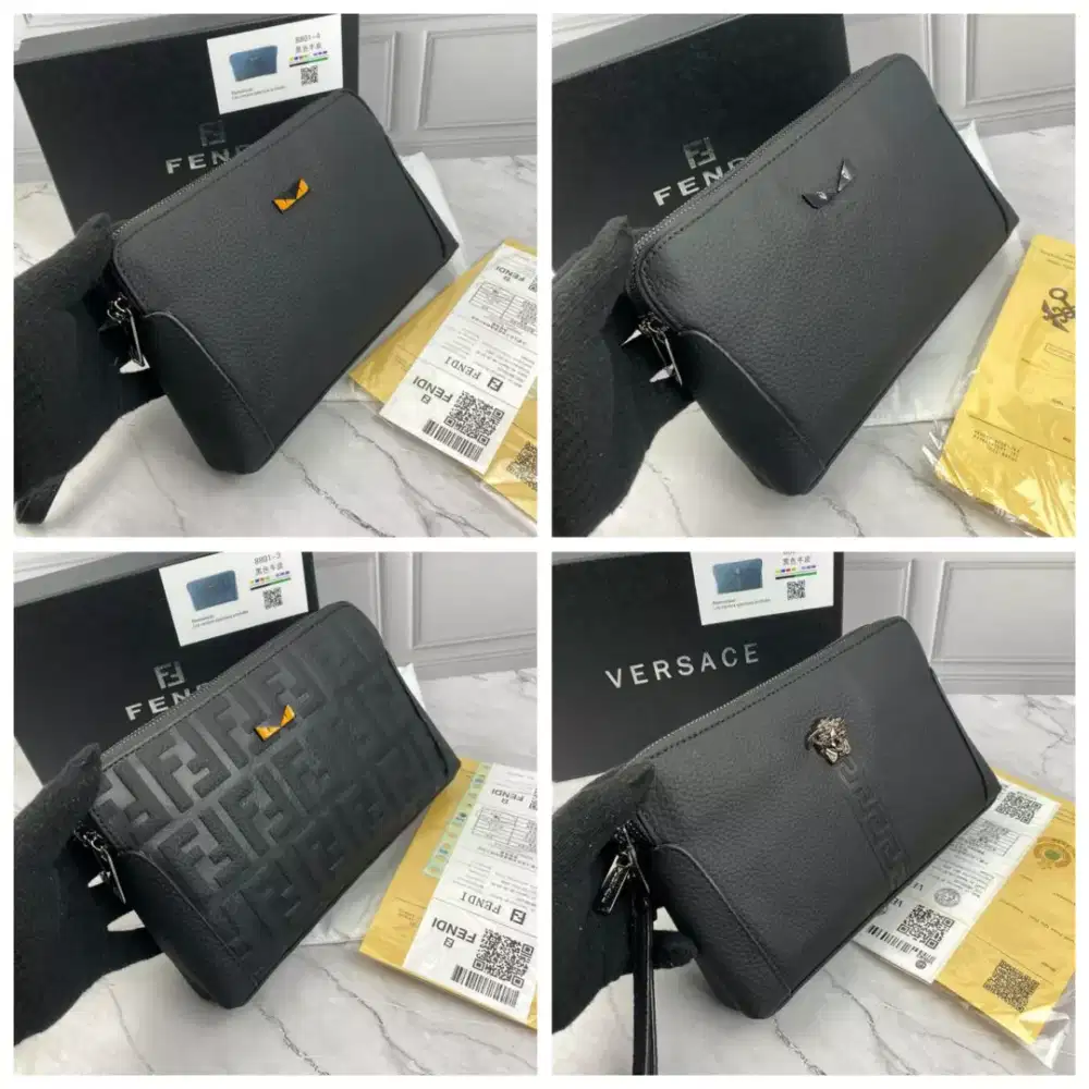 CLUTCH BAG branded Pria Pouch black leather fullset box #1