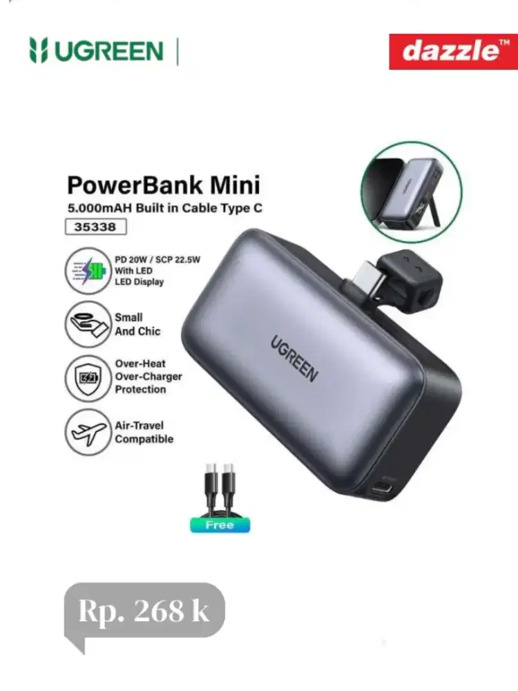 Ugreen powerbank mini 5k mAh built in type C