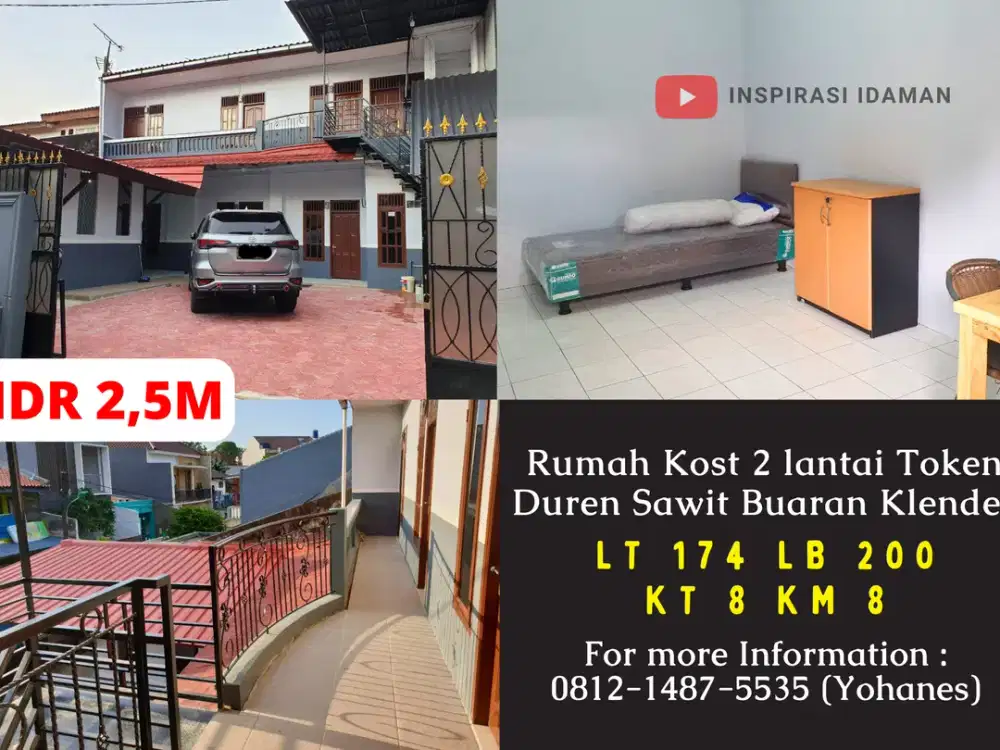 Rumah Kost 2 lantai 8 Kamar Token 2 mobil Duren Sawit Buaran Klender